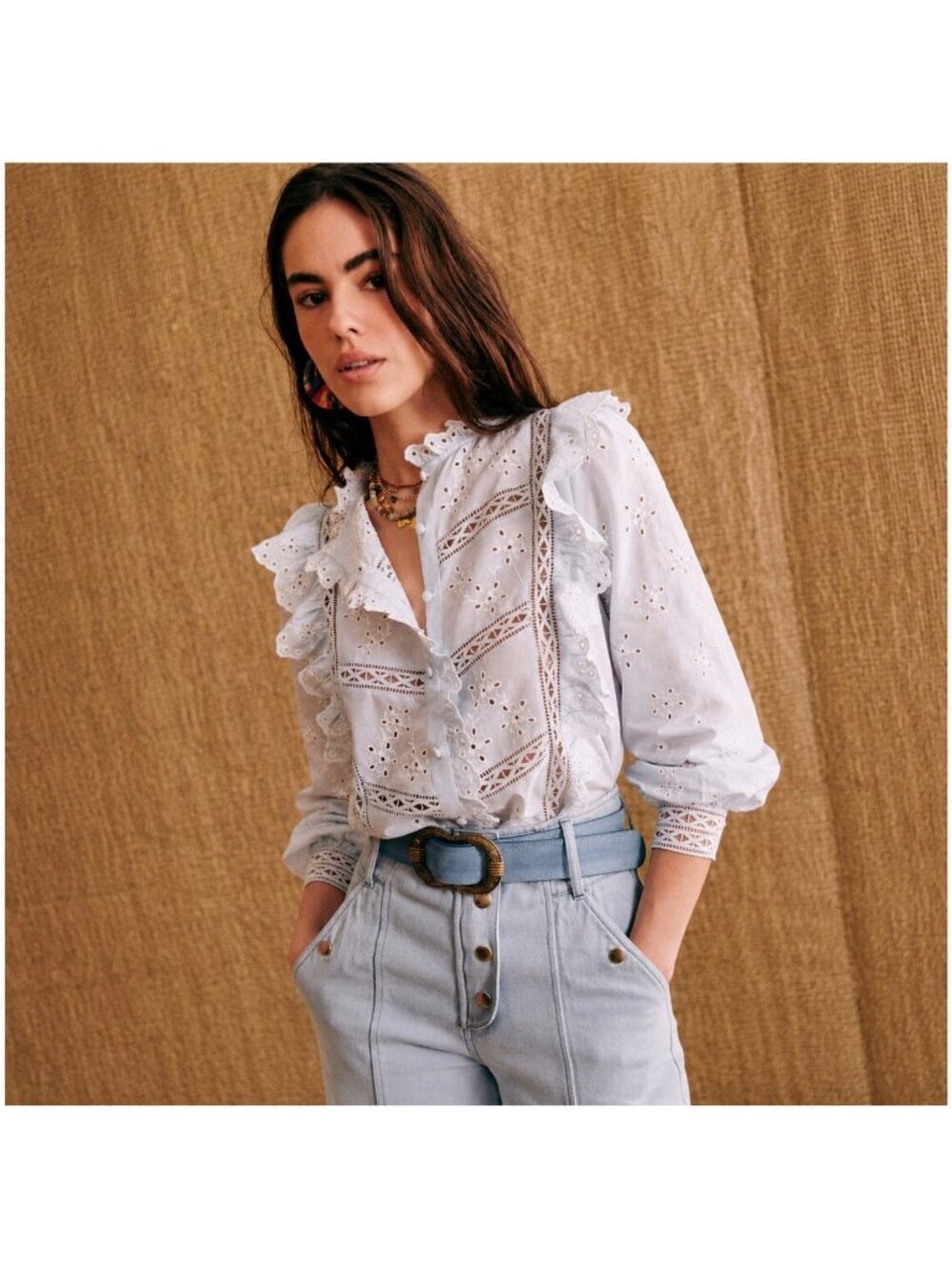 Sézane Irma Shirt Light Blue Ecru Embroidered Ruffle Blouse Size FR 46/ US 14 - Picture 15 of 16
